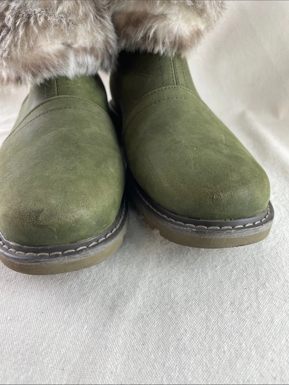 CAT Faux Fur Cuff Ankle Boots - Olive Green Size 11